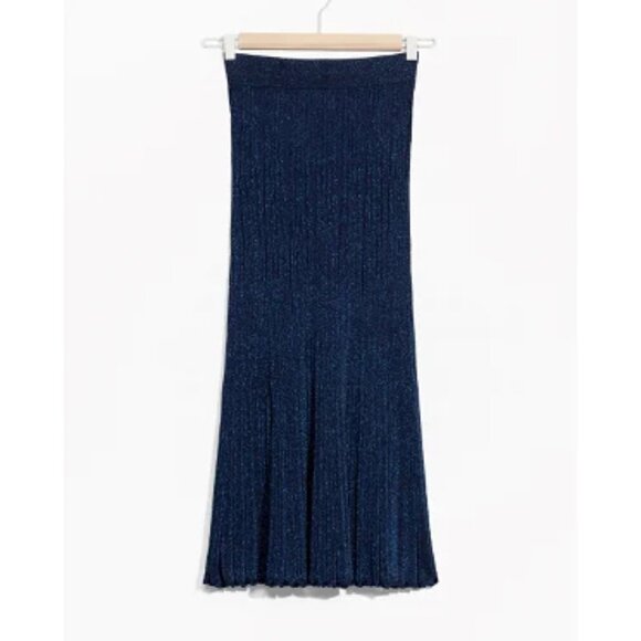 Other Stories Glittery Pleat Rib Midi Skirt Navy Size XS - Picture 1 of 9